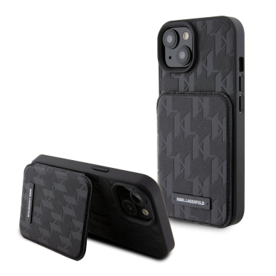 iPhone 15 / 14 / 13 black Saffiano Cardslots and Stand Monogram KARL LAGERFELD nugarėlė 4