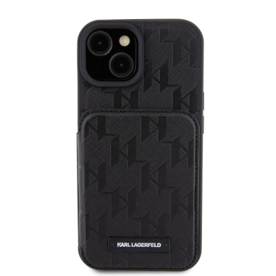 iPhone 15 / 14 / 13 black Saffiano Cardslots and Stand Monogram KARL LAGERFELD nugarėlė 1