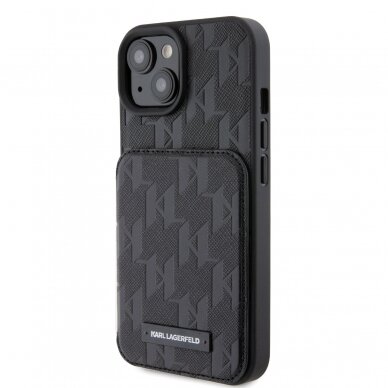 iPhone 15 / 14 / 13 black Saffiano Cardslots and Stand Monogram KARL LAGERFELD nugarėlė