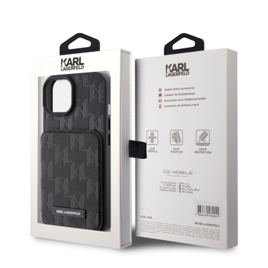 iPhone 15 / 14 / 13 black Saffiano Cardslots and Stand Monogram KARL LAGERFELD nugarėlė 8