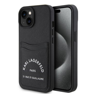 iPhone 15 / 14 / 13 black Saffiano Cardslots RSG 3D Logo KARL LAGERFELD nugarėlė