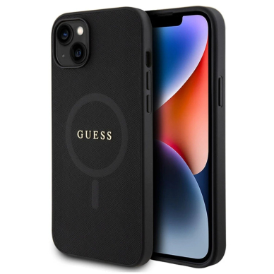iPhone 15 / 14 / 13 black Saffiano MagSafe GUESS nugarėlė