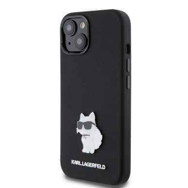 iPhone 15 / 14 / 13 black Silicone Metal PIN KARL LAGERFELD nugarėlė