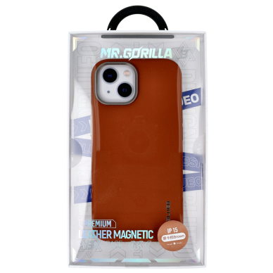 iPhone 15 brown Leather Magnetic Mr. Monkey nugarėlė 2