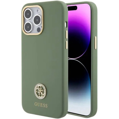 iPhone 15 / 14 / 13 khaki Silicone HC Strass Logo GUESS nugarėlė