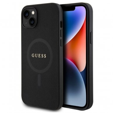 iPhone 15 PLUS black Saffiano MagSafe GUESS nugarėlė