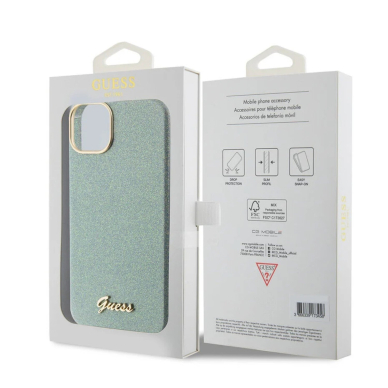 iPhone 15 PLUS khaki Glitter Glossy Script GUESS nugarėlė 5
