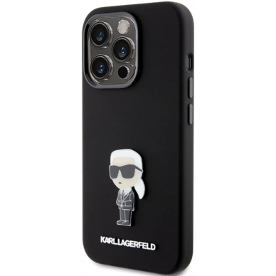 iPhone 15 PRO black Liquid Silicone Metal Ikonik KARL LAGERFELD nugarėlė 1