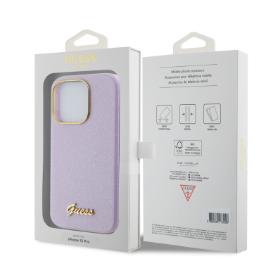 iPhone 15 PRO lilac Glitter Glossy Script GUESS nugarėlė 7