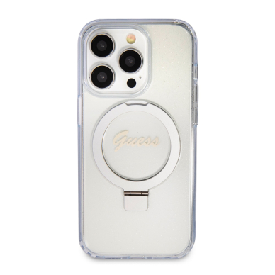 iPhone 15 PRO MAX transparent Glitter Ring Stand Script Logo MagSafe GUESS nugarėlė 1