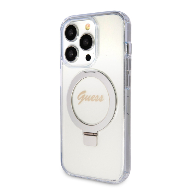 iPhone 15 PRO MAX transparent Glitter Ring Stand Script Logo MagSafe GUESS nugarėlė 2