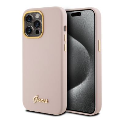 iPhone 15 PRO pink Silicone Script Metal Logo&Frame GUESS nugarėlė 1