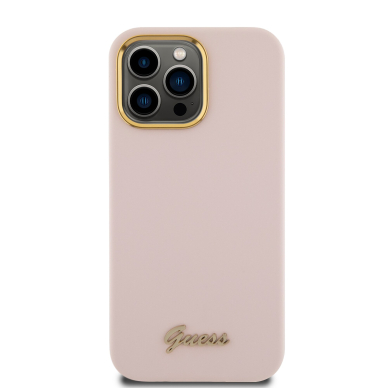 iPhone 15 PRO pink Silicone Script Metal Logo&Frame GUESS nugarėlė 2