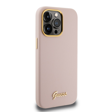 iPhone 15 PRO pink Silicone Script Metal Logo&Frame GUESS nugarėlė 3