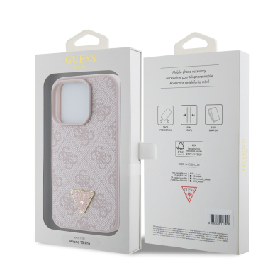 iPhone 15 PRO pink Strass Triangle Metal Logo GUESS nugarėlė 7