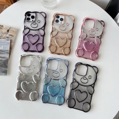 iPhone 15 PRO Tracy nugarėlė Clear Glitter 3D Bear Rose Gold 4