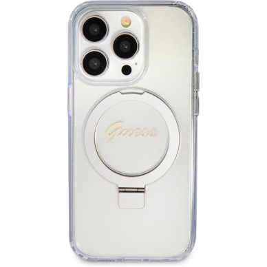 iPhone 15 PRO transparent Glitter Ring Stand Script Logo MagSafe GUESS nugarėlė