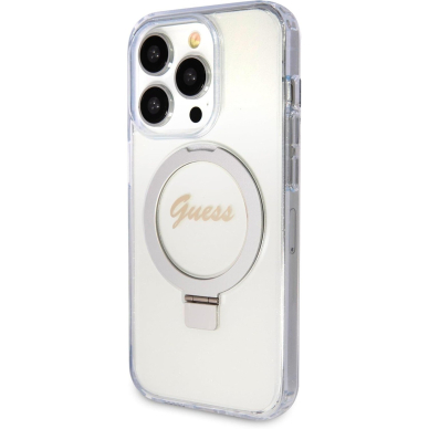 iPhone 15 PRO transparent Glitter Ring Stand Script Logo MagSafe GUESS nugarėlė 1