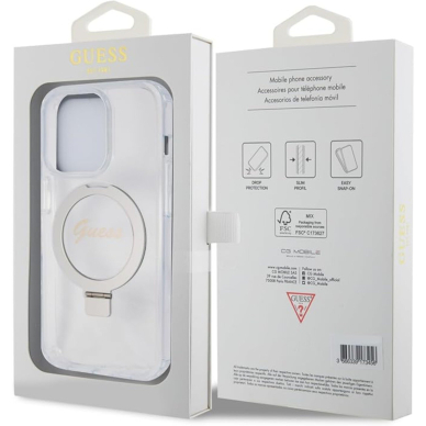 iPhone 15 PRO transparent Glitter Ring Stand Script Logo MagSafe GUESS nugarėlė 5