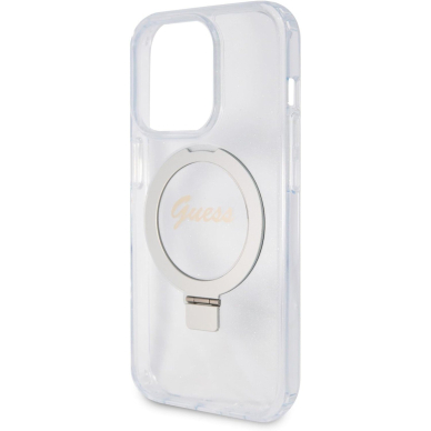 iPhone 15 PRO transparent Glitter Ring Stand Script Logo MagSafe GUESS nugarėlė 4