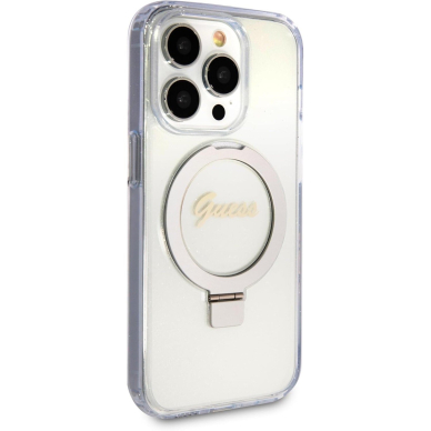 iPhone 15 PRO transparent Glitter Ring Stand Script Logo MagSafe GUESS nugarėlė 2