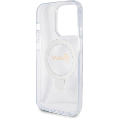 iPhone 15 PRO transparent Glitter Ring Stand Script Logo MagSafe GUESS nugarėlė 3
