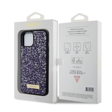 iPhone 15 / 14 / 13 purple Rhinestone Metal Logo GUESS nugarėlė 1