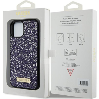 iPhone 15 / 14 / 13 purple Rhinestone Metal Logo GUESS nugarėlė 15