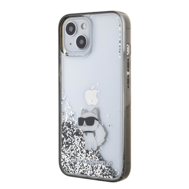 iPhone 15 / 14 / 13 silver Liquid Glitter Choupette KARL LAGERFELD nugarėlė 1