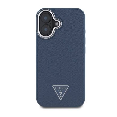 iPhone 16 blue MagSafe PU Grained Triangle Logo GUESS nugarėlė 1