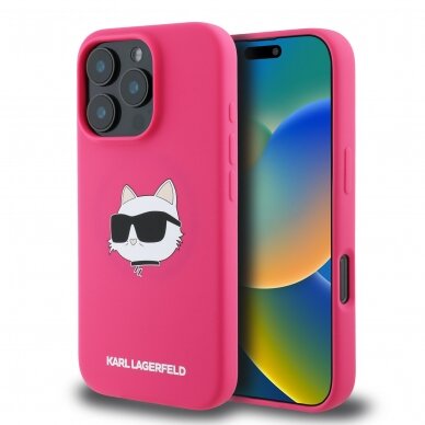 iPhone 16 PRO fuschia Magsafe Sil Choupette Head Print KARL LAGERFELD nugarėlė