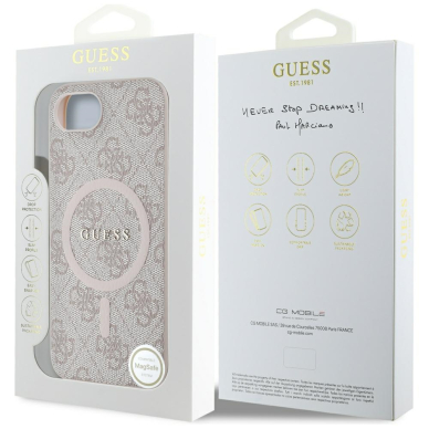 iPhone 16e pink PU Leather 4G Collection Metal Logo MagSafe GUESS nugarėlė 7