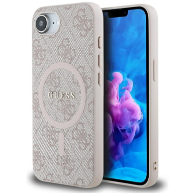 iPhone 16e pink PU Leather 4G Collection Metal Logo MagSafe GUESS nugarėlė
