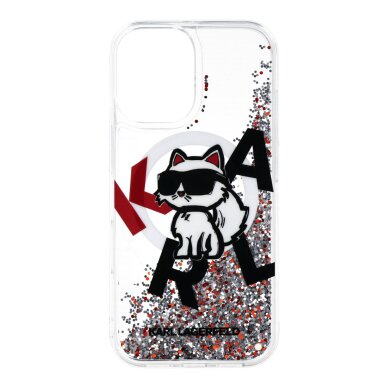 iPhone 17 transparent MagSafe Liquid Glitter Choupette KARL LAGERFELD nugarėlė