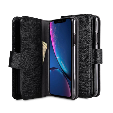 iPhone XR juodas odinis MELKCO WALLET+ BOOK dėklas