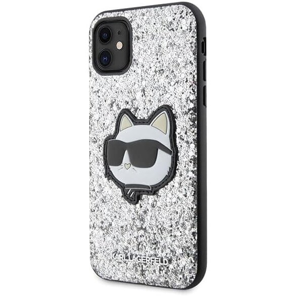 iPhone 11 silver Glitter Choupette Patch KARL LAGERFELD nugarėlė 1