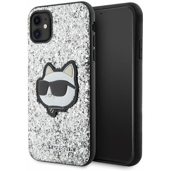 iPhone 11 silver Glitter Choupette Patch KARL LAGERFELD nugarėlė 2