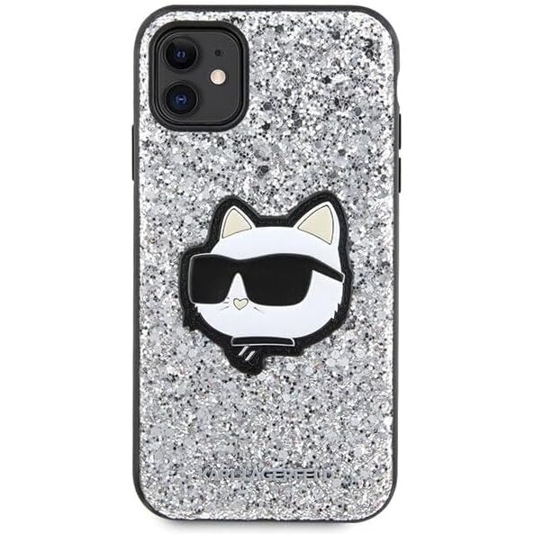 iPhone 11 silver Glitter Choupette Patch KARL LAGERFELD nugarėlė