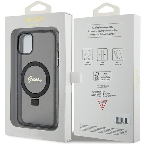 Iphone 11 black Ring Stand Script Glitter MagSafe GUESS nugarėlė 7
