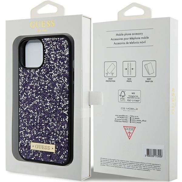 iPhone 15 / 14 / 13 purple Rhinestone Metal Logo GUESS nugarėlė 15