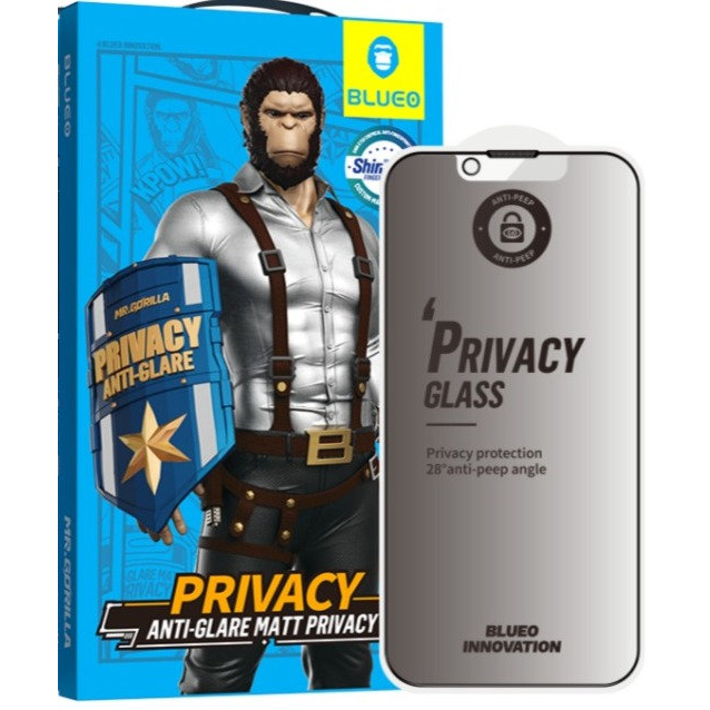iPhone 13 PRO MAX / 14 PLUS black pilnas Mr.Monkey 5D PRIVACY MATTE stiklas