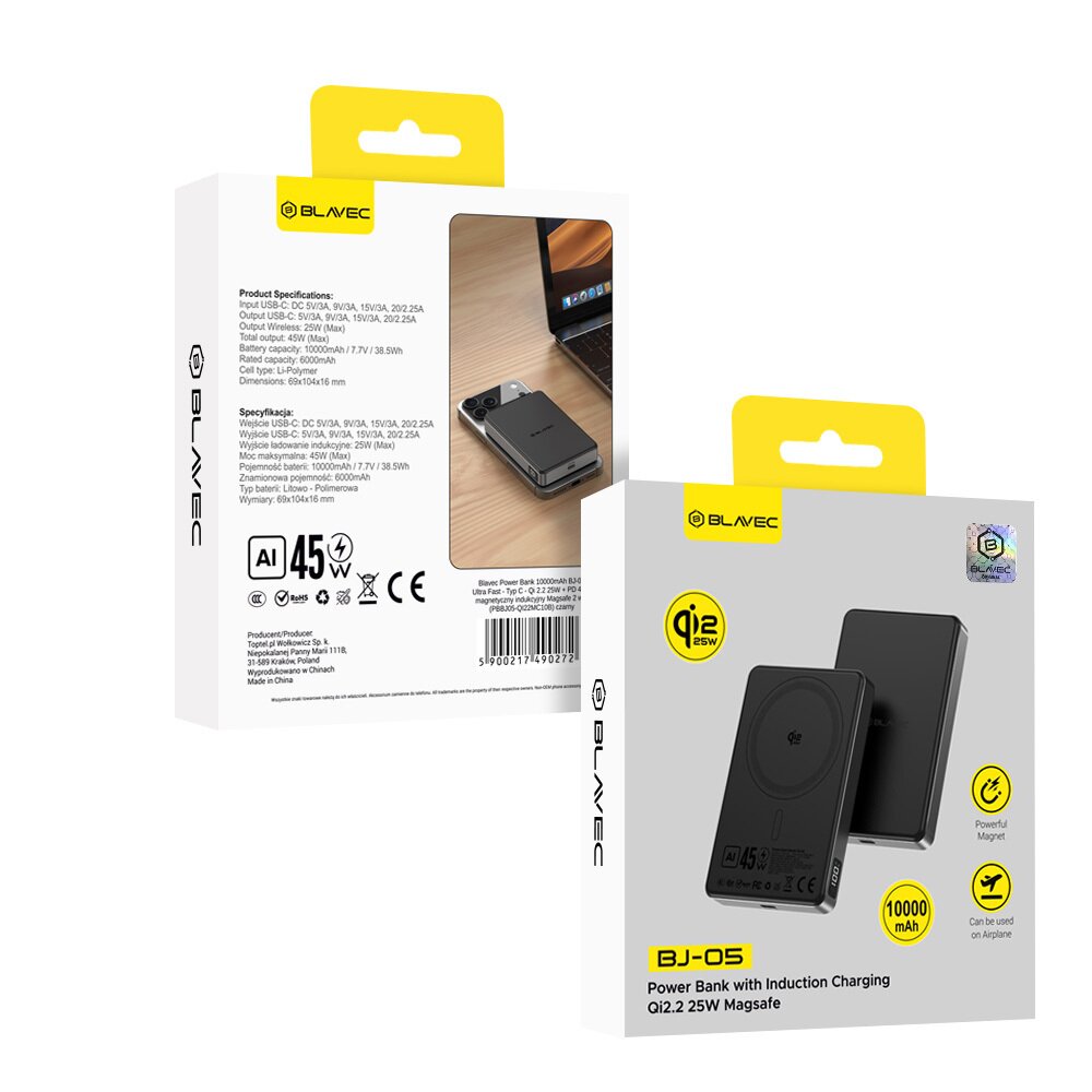 Išorinė baterija black BLAVEC 2 in 1 BJ-05 10.000mAh Qi2.2 25W + PD 45W PBBJ05-QI22MC10B 11