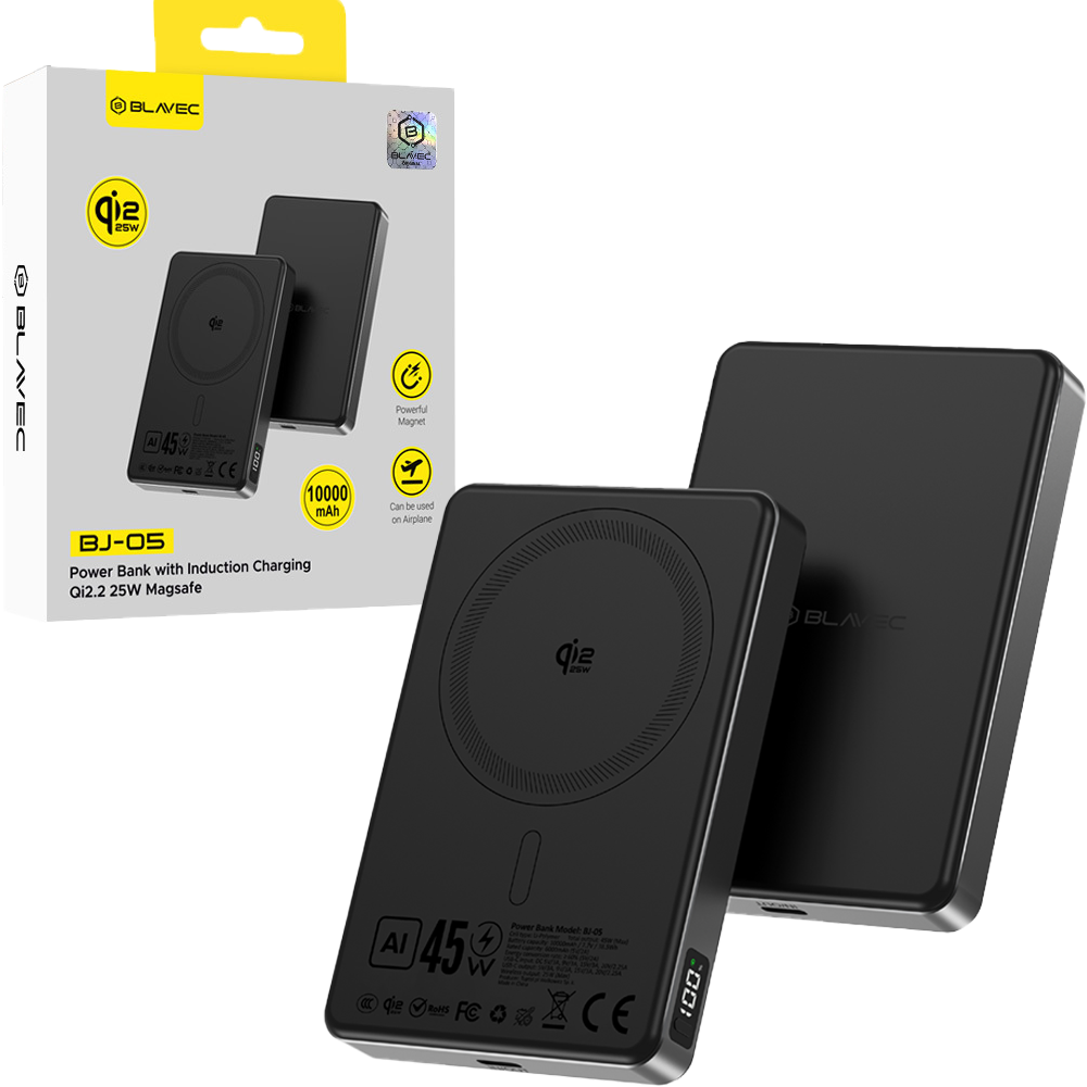 Išorinė baterija black BLAVEC 2 in 1 BJ-05 10.000mAh Qi2.2 25W + PD 45W PBBJ05-QI22MC10B