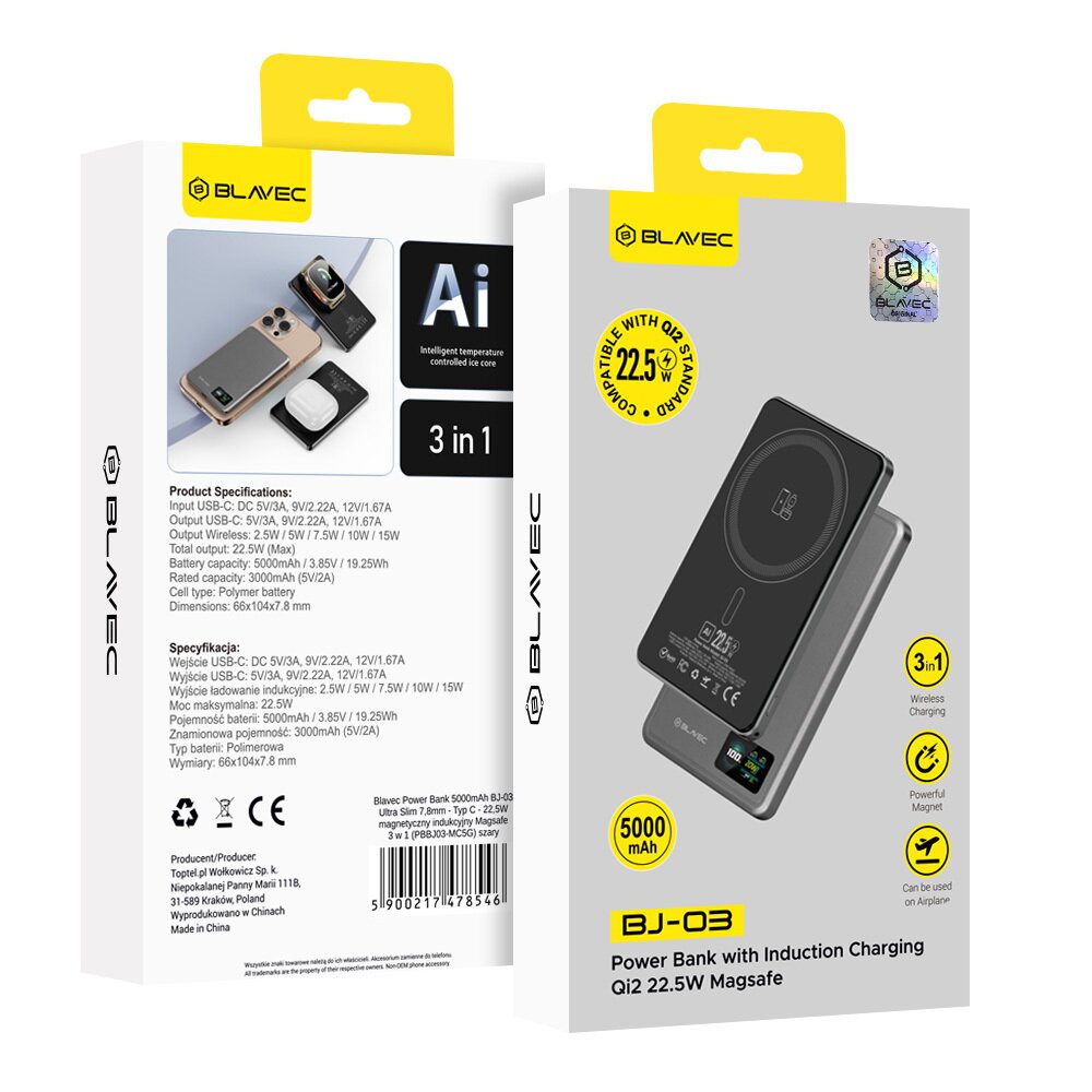 Išorinė baterija grey BLAVEC 3 in 1 Slim BJ-03 5000mAh 22.5W Type-C + MagSafe PBBJ03-MC5G 17