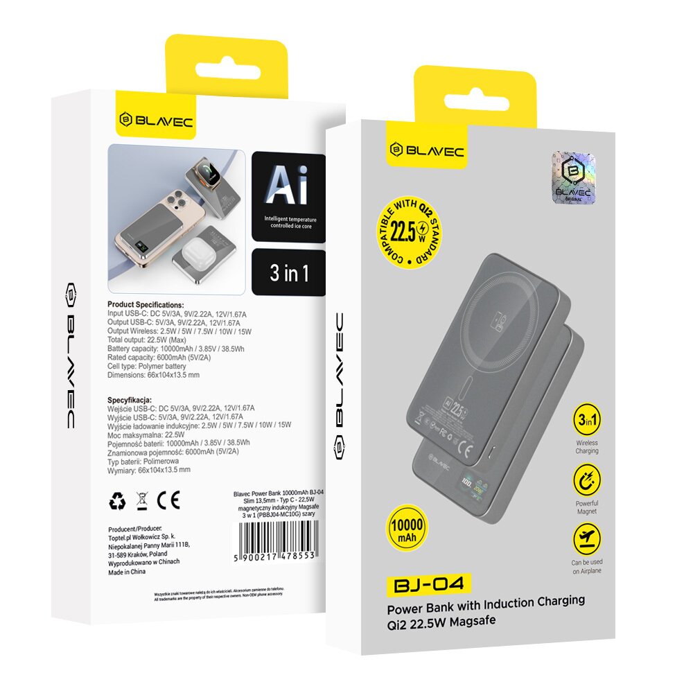Išorinė baterija grey BLAVEC 3 in 1 Slim Glass BJ-04 10.000mAh 22.5W Type-C + MagSafe PBBJ04-MC10G 7
