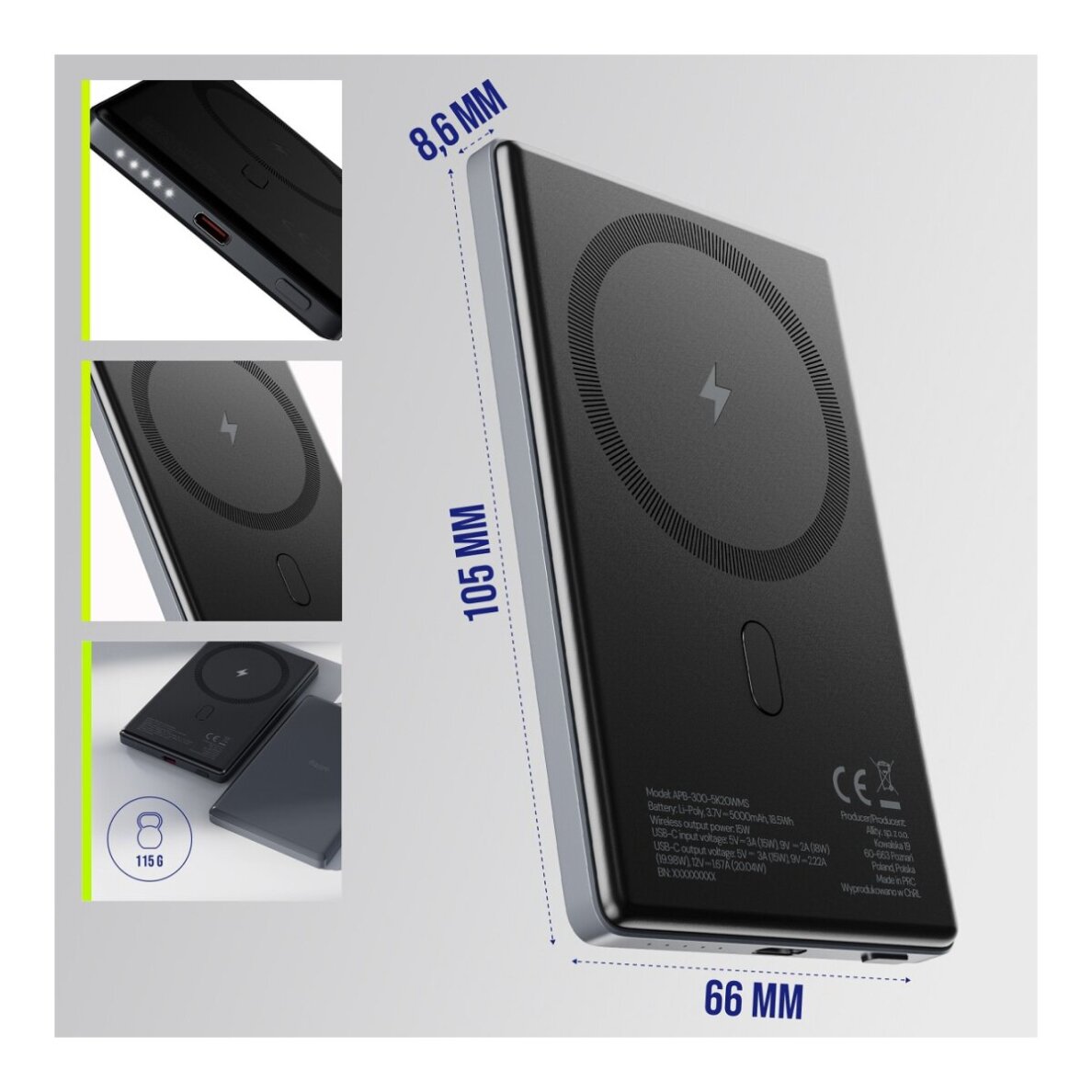 Išorinė baterija ALLITY APB-300 5000mAh PD QC 20W MagSafe GSM187746 9