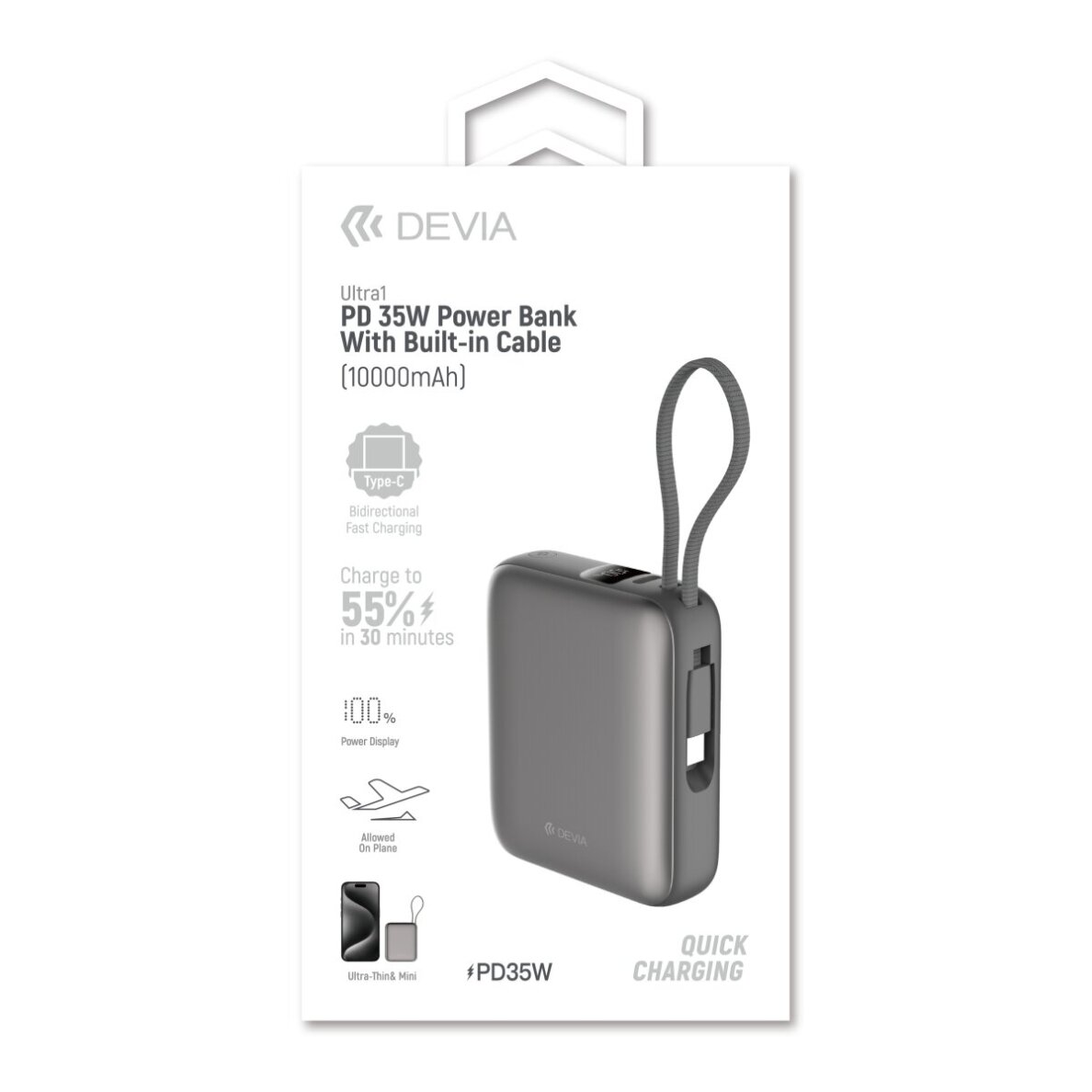 Išorinė baterija grey DEVIA Built-in Cable10.000mAh PD 35W EP206 13 Išorinė baterija grey DEVIA Built-in Cable10.000mAh PD 35W EP206 13