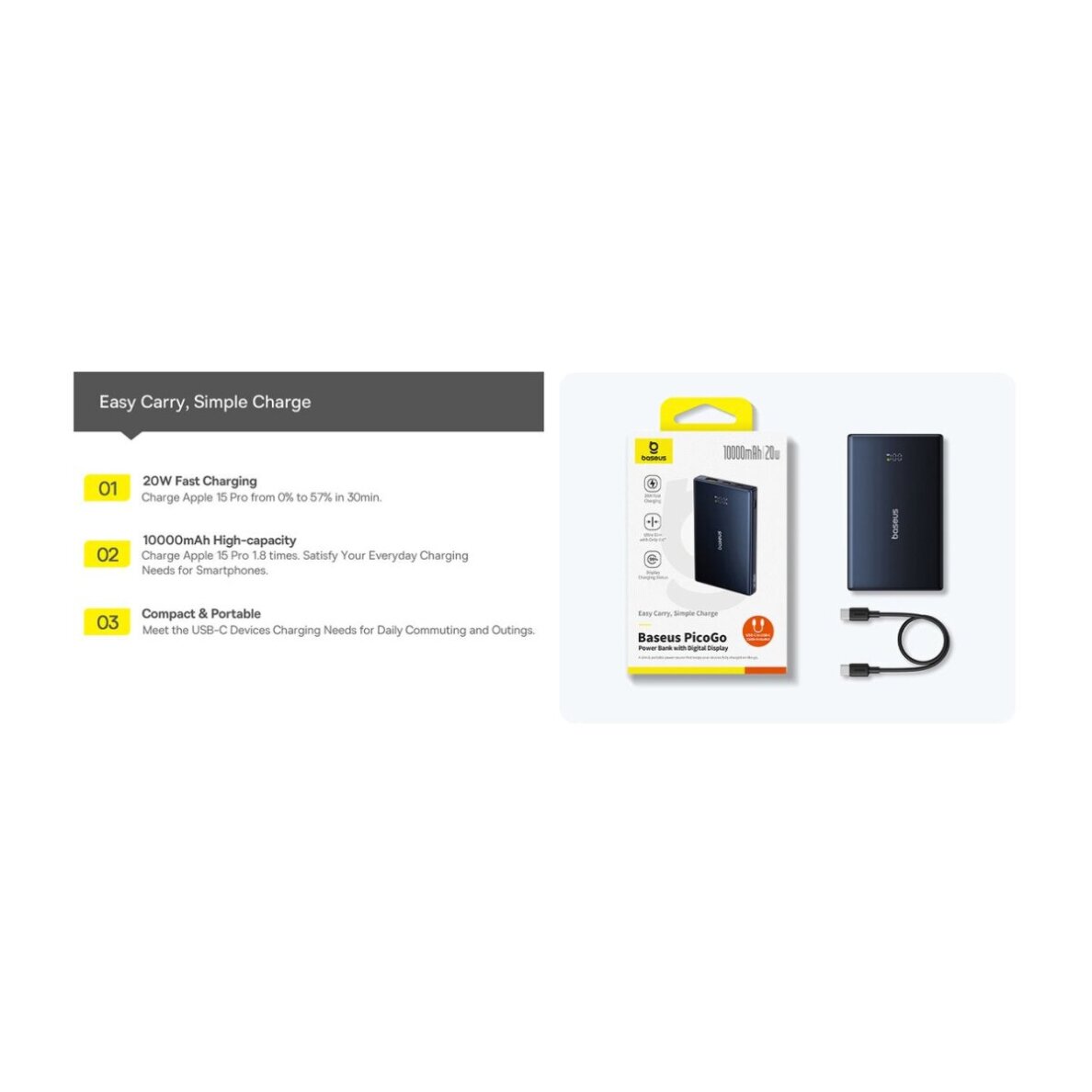 Išorinė baterija LiPo BASEUS PicoGo black 10000mAh 20W USB + 2xUSB-C P10076801123-00 2