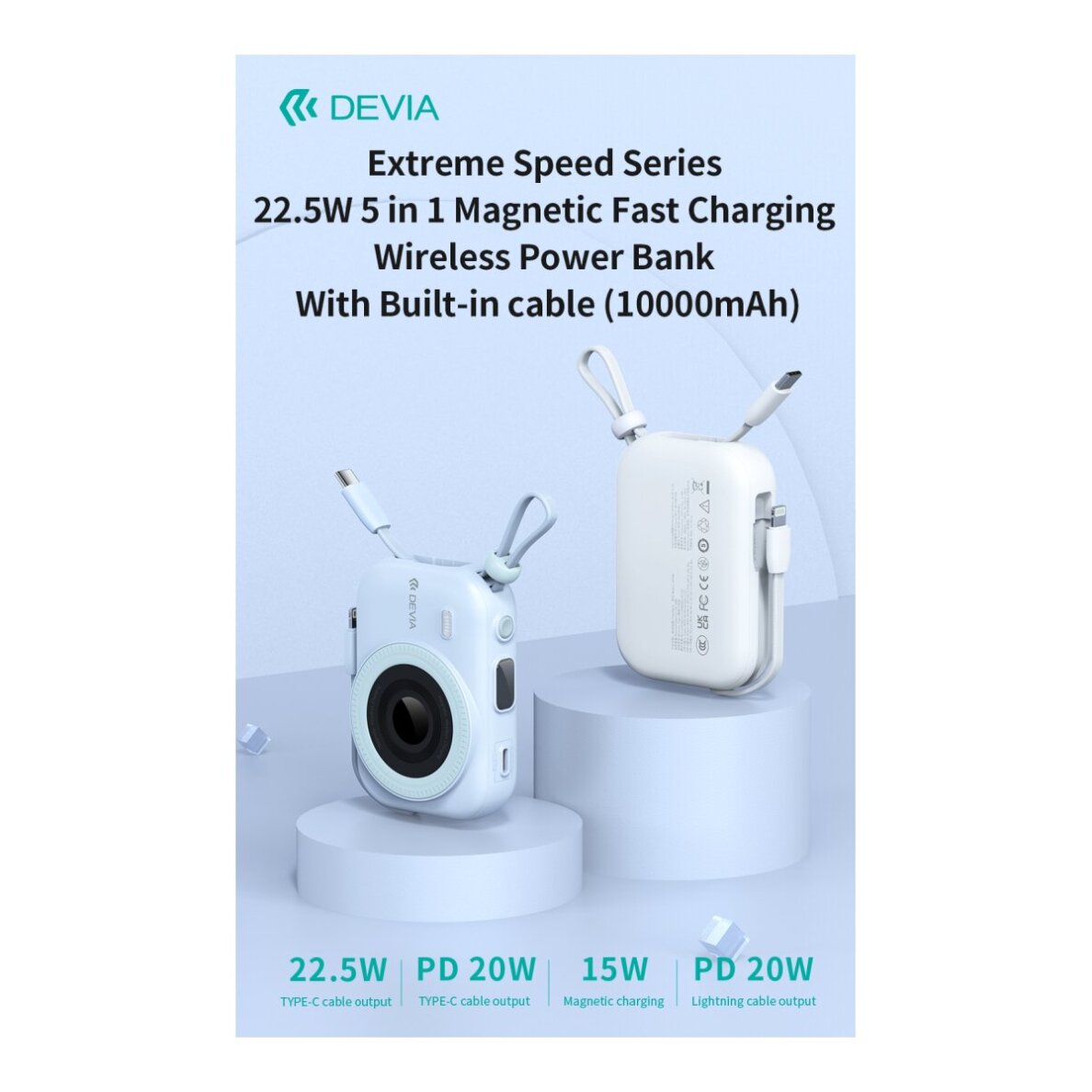 Išorinė baterija Magsafe white DEVIA Built-in 2 Cable 9600mAh PD 22.5W EP199 2