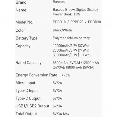 Išorinė baterija Bipow Overseas Baseus juoda 10000mAh 15W PPBD050001 15